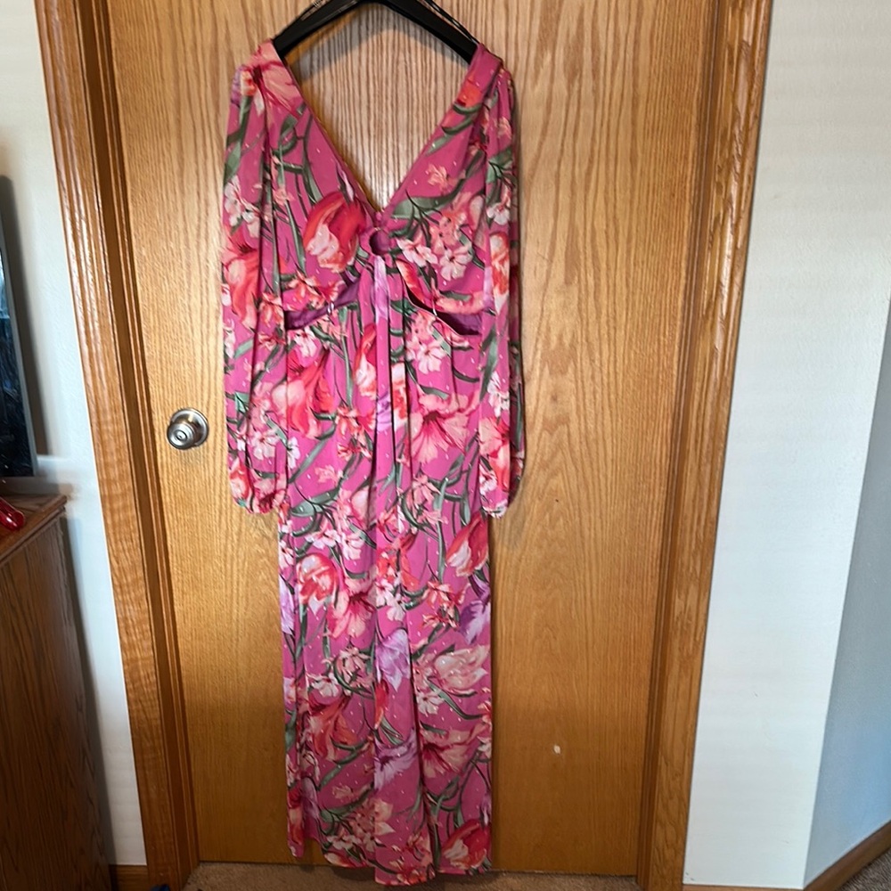 Siena Studio Pink and Red Plunge Gown with Bishop Sleeves